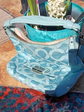 Coach Like New Blue Signature-Pattern Hobo Bag